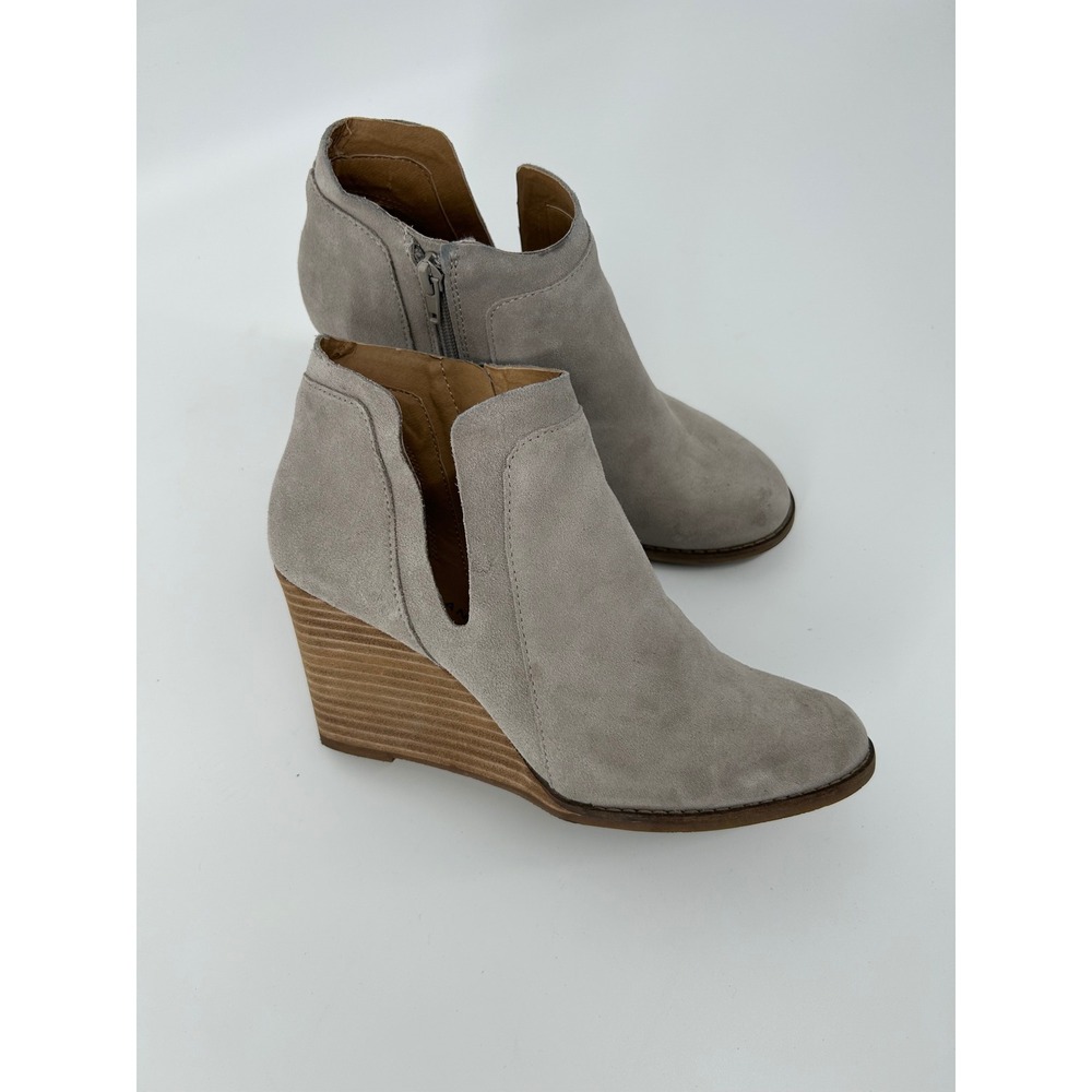 Lucky Brand Yabba Gray Suede Wedge Ankle Booties Side Cutout 8.5M